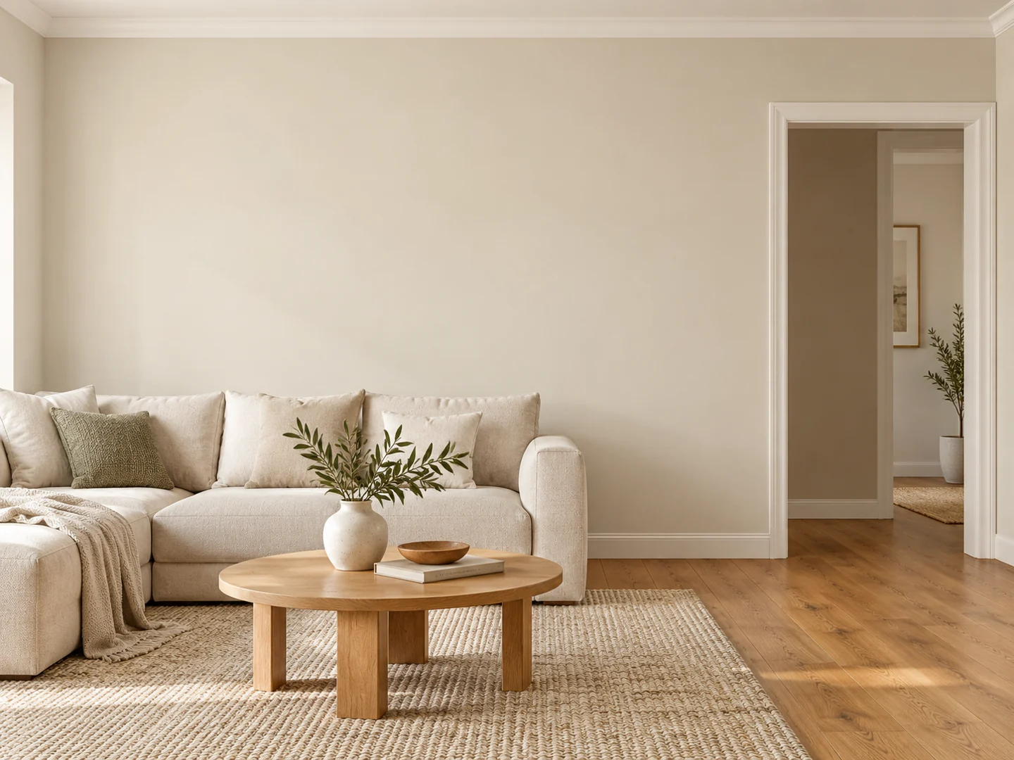 Illustrative living room with warm white walls, neutral accents and oak flooring