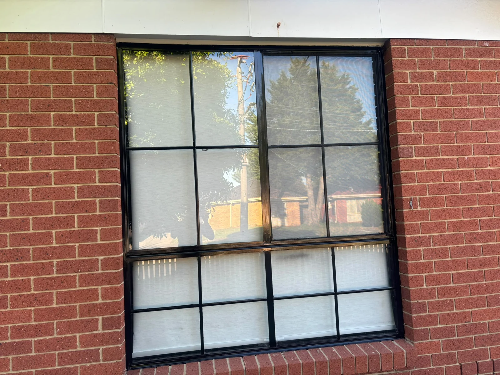 Black grid window frame in a red brick exterior wall